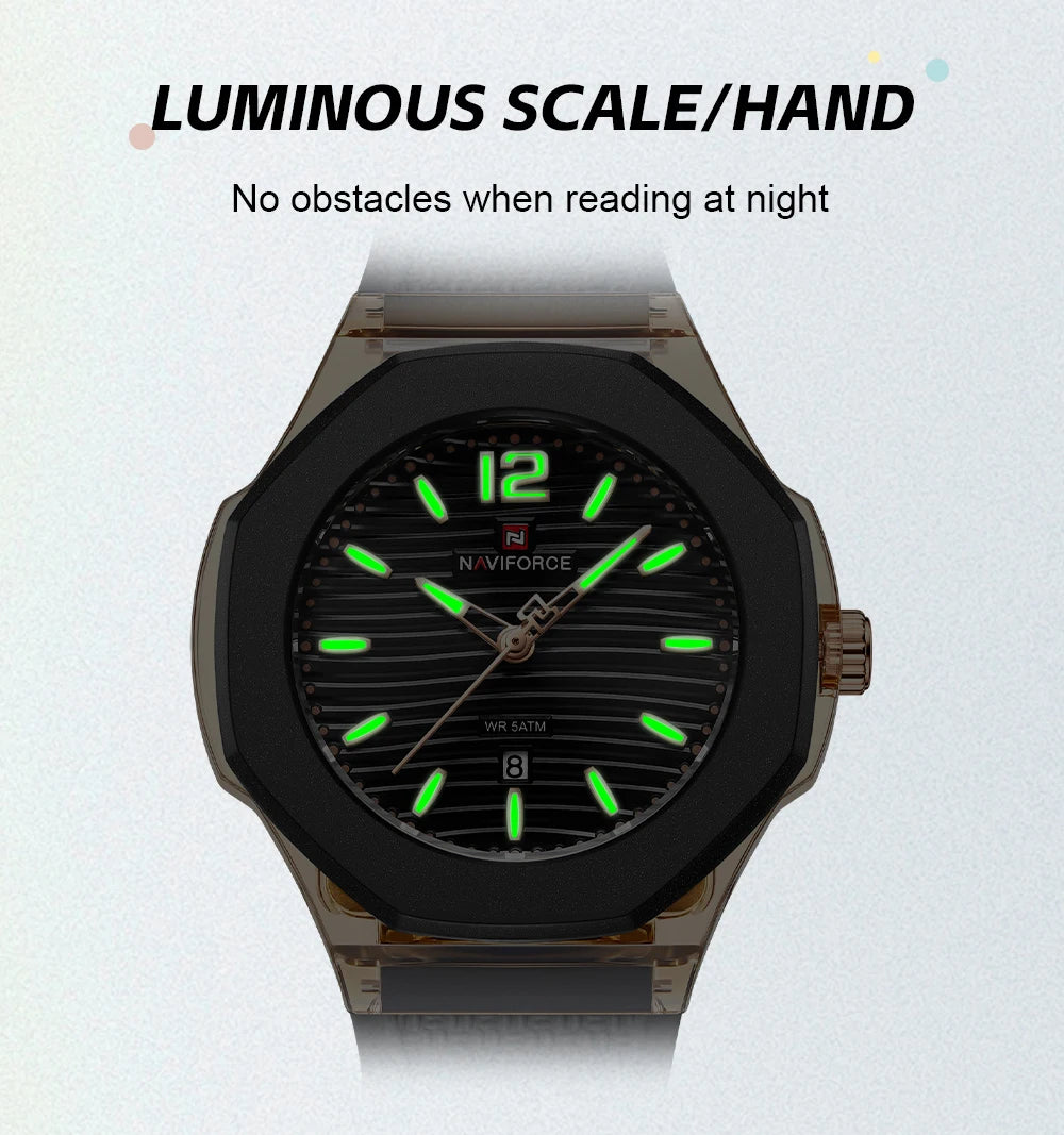 NAVIFORCE Fashion Watch for Women 5ATM Waterproof Silicone Strap Auto Date Display Night Illumination Ladies Elegant Watch Gift