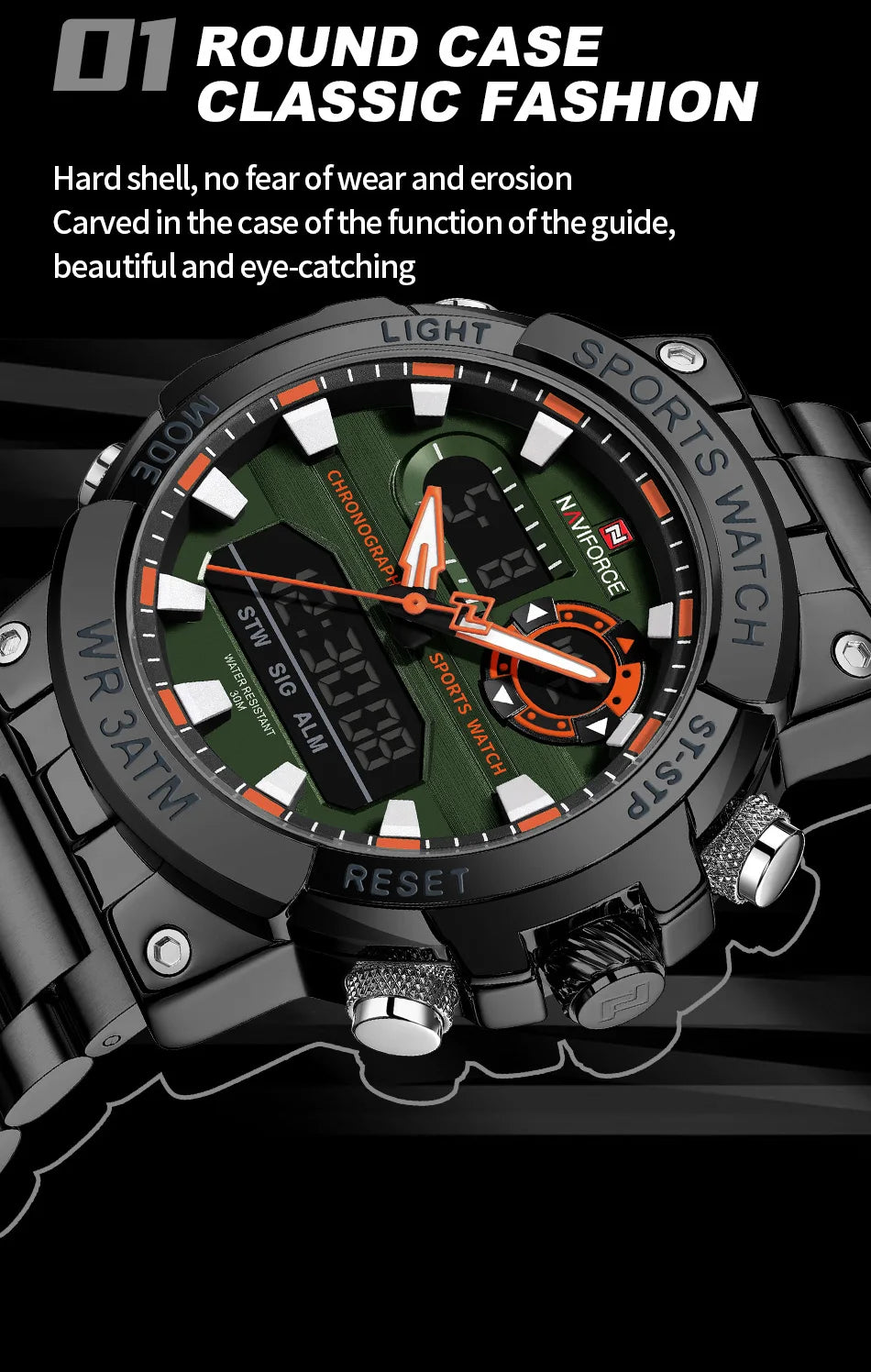 NAVIFORCE New Military Sports Mens Watches Top Brand Luxury Dual Display Waterproof LED Digital Watch for Men Quartz Wristwatch