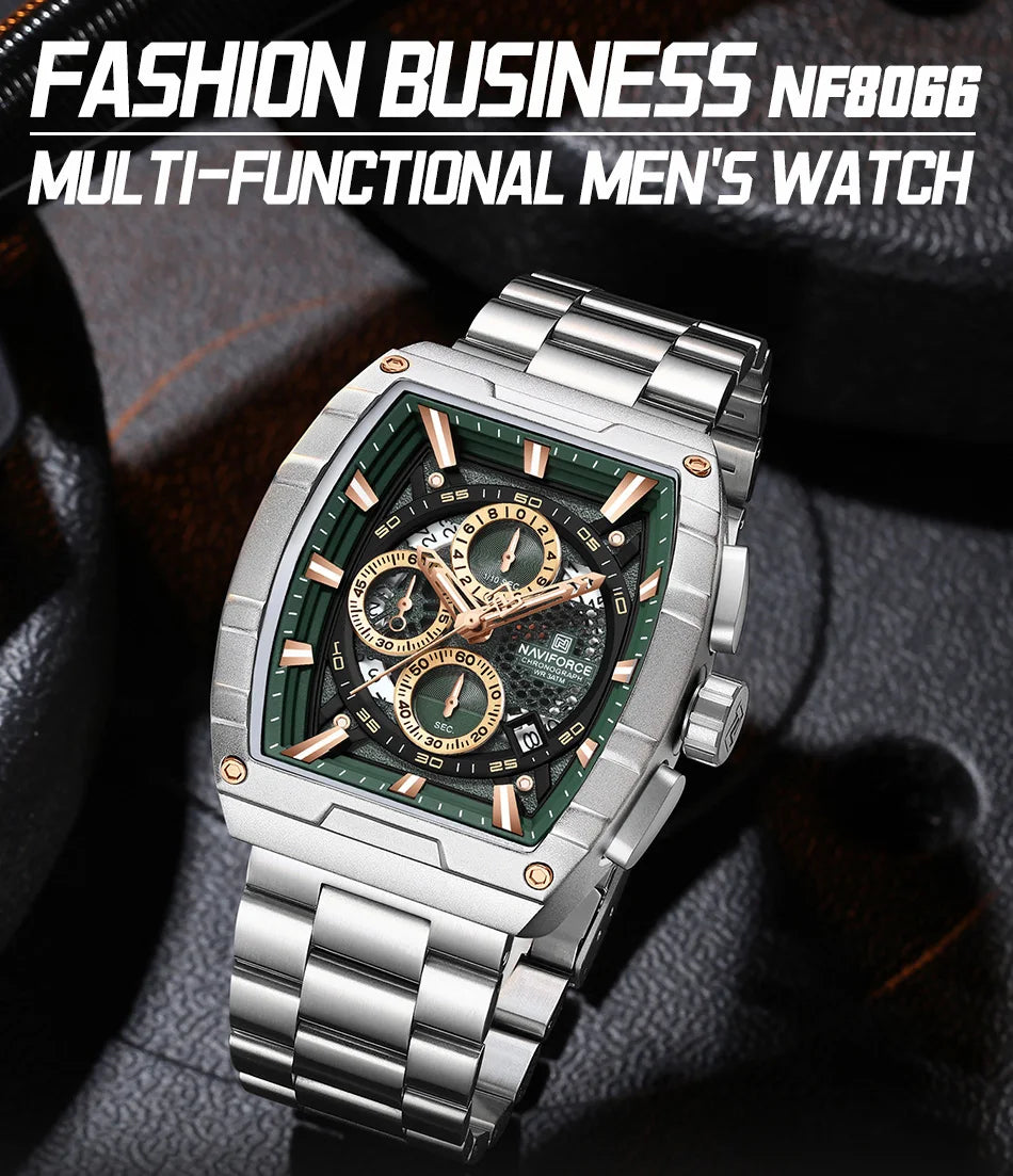 NAVIFORCE Quartz Watch for Men Fashion Waterproof Luminous Chronograph Wristwatch Auto Date Stainless Steel Strap Clock Gift