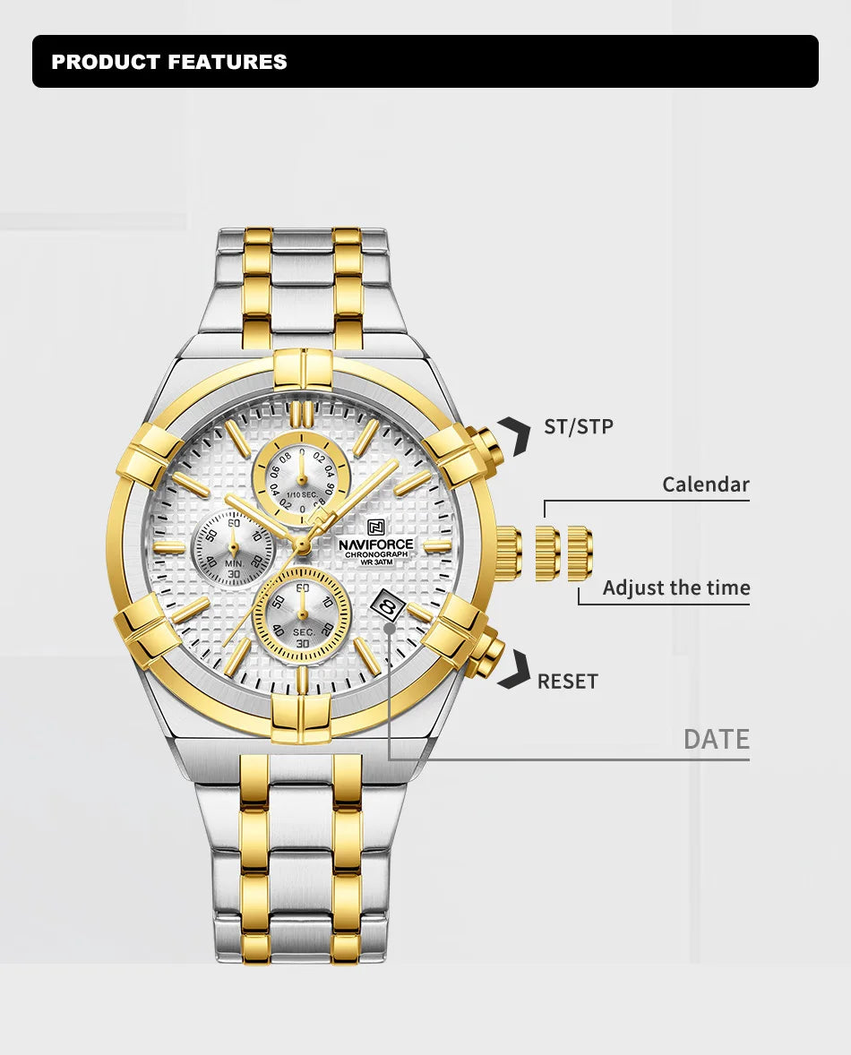 NAVIFORCE Original Watches for Man Waterproof Quartz Chronograph Luminous Stainless Steel Father's Day Male Wristwatch Gift Box