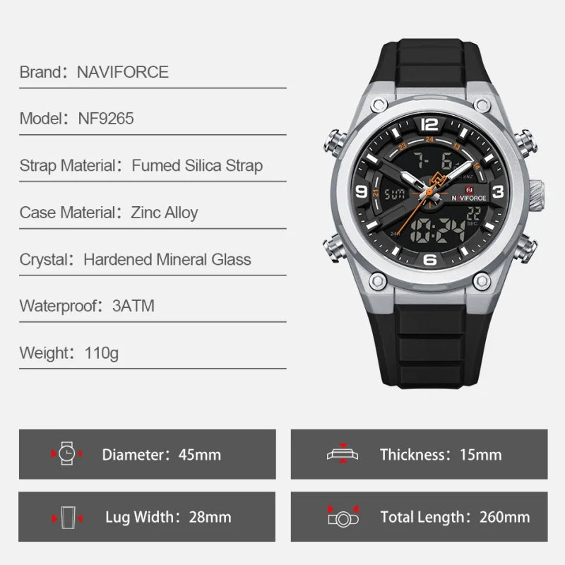NAVIFORCE Man's Watches Dual Display Week and Date Waterproof Luminous Silicone Strap Male Business Fashion Wristwatch Gift Box