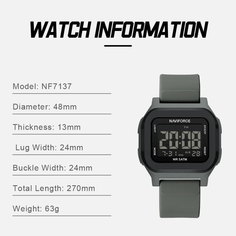 High Quality NAVIFORCE Men's Sport Wristwatch LCD Display 50m Waterproof Alarm Stopwatch BackLight Unique Square Case Gift Clock