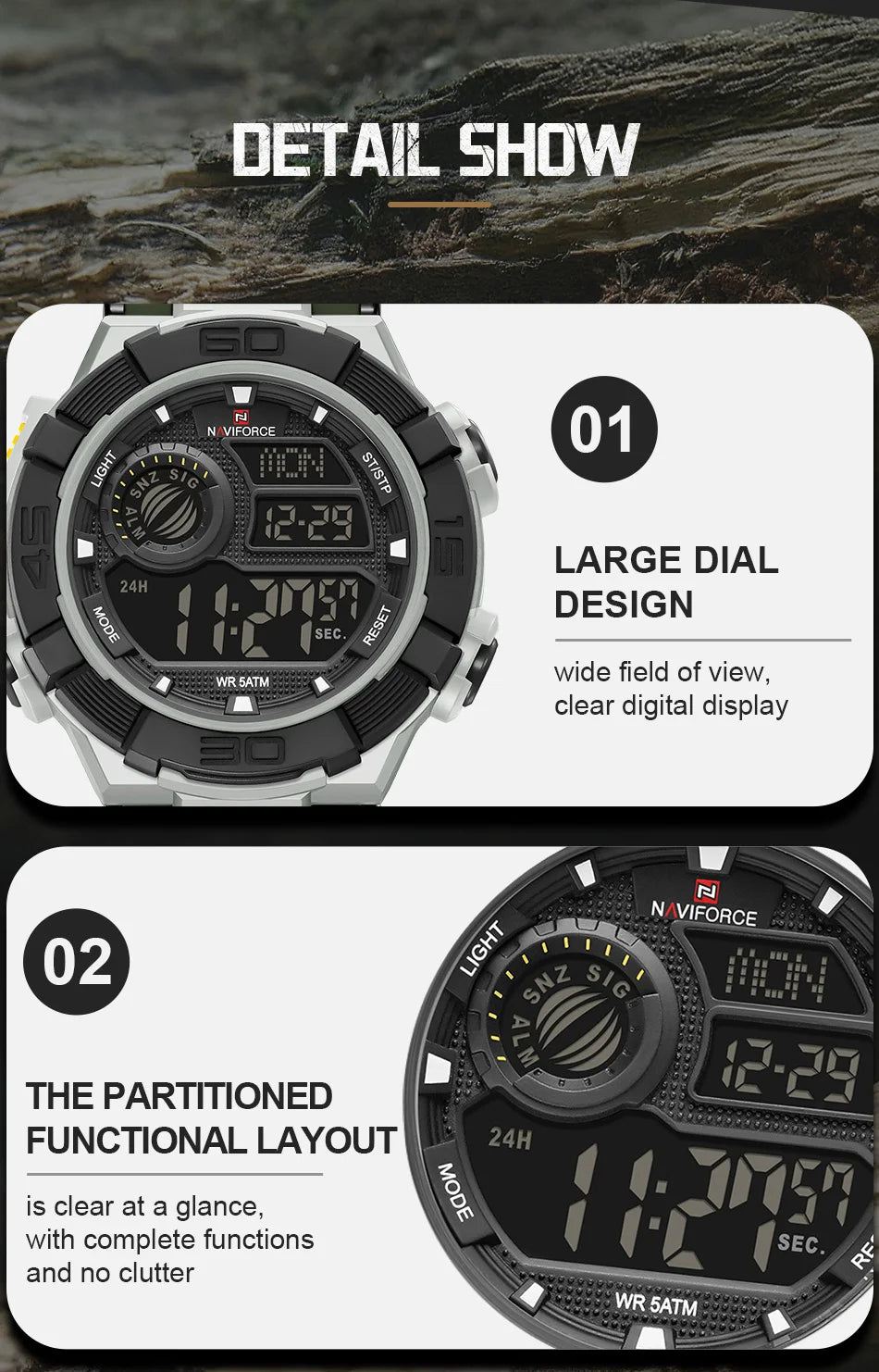 NAVIFORCE Man's Watch With Date Week Display LCD Digital Lightweight 24 Hour Alarm Clock 5ATM Waterproof Male Sports Wristwatch