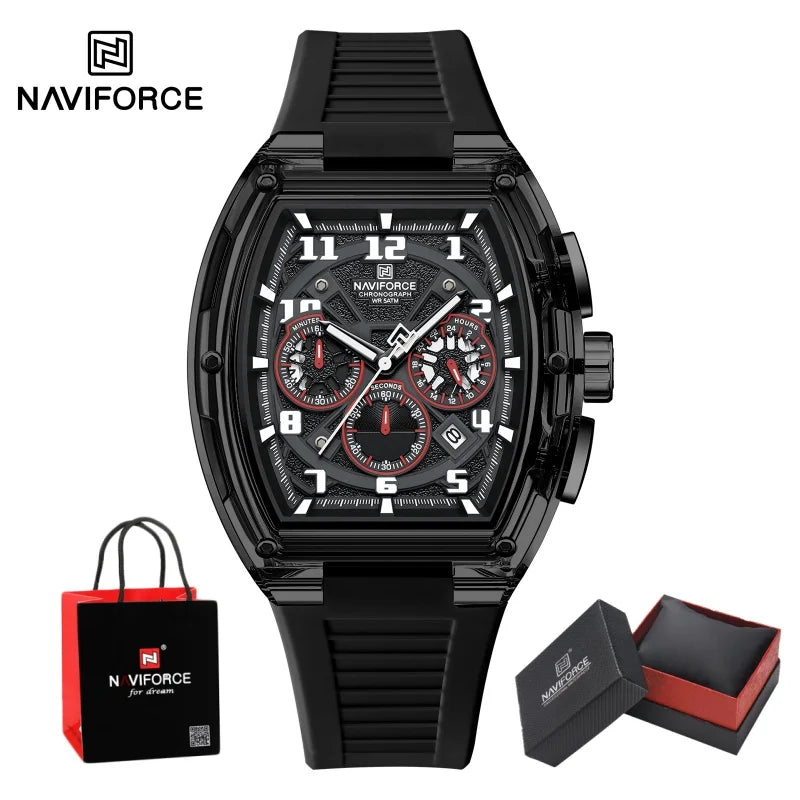 NAVIFORCE Men's Watch Quartz Chronograph Luminous Soft Silicone Strap Business Trendy Outdoor Casual Wristwatch Gift Box for Man