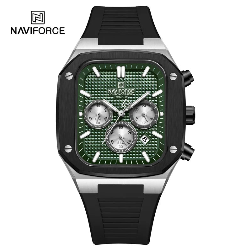 NAVIFORCE Men's Luxury Gold Watch Fashion Silicone Strap Quartz Movement Waterproof Square Wristwatch with Luminous Hands And Da