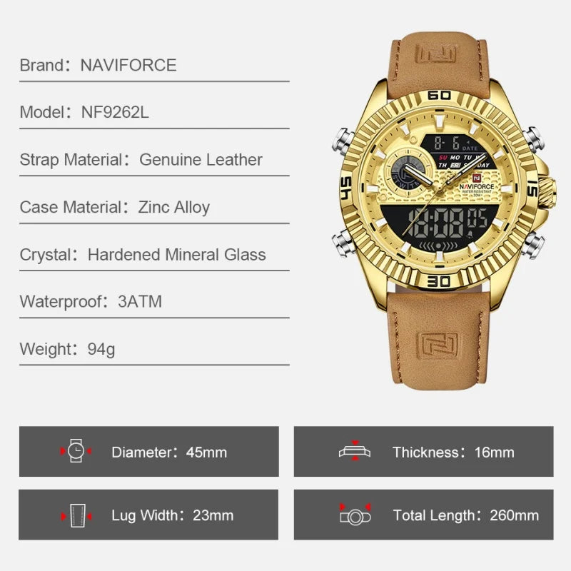 NAVIFORCE Men's Watches Sport Quartz Analog LCD Digital Wristwatch 30m Waterproof Luminous Chronograph Watch for Men Date Clock