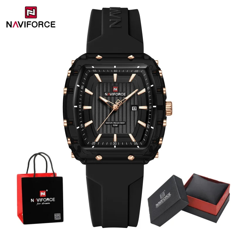 NAVIFORCE Woman's Watch Quartz Calendar 5ATM Waterproof Silica Strap Elegant Ladies Luxury Stylish Simple Wristwatch Gift Box
