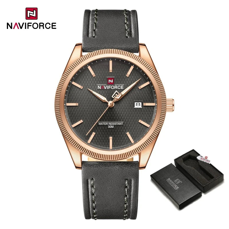 NAVIFORCE Men's Watches Fashion Genuine Leather Strap 30M Waterproof Male Quartz Wristwatches Luminous Point Date Display Clock