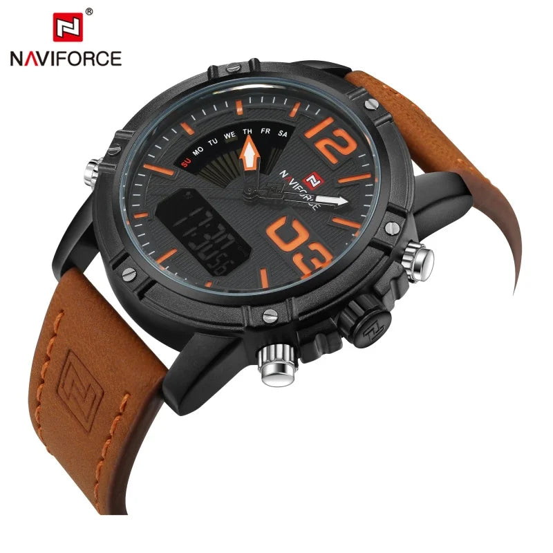 NAVIFORCE Luxury Brand Men's Sport Watches Men Dual Display LED Digital Waterproof Leather Strap Quartz Military Watch Man Clock