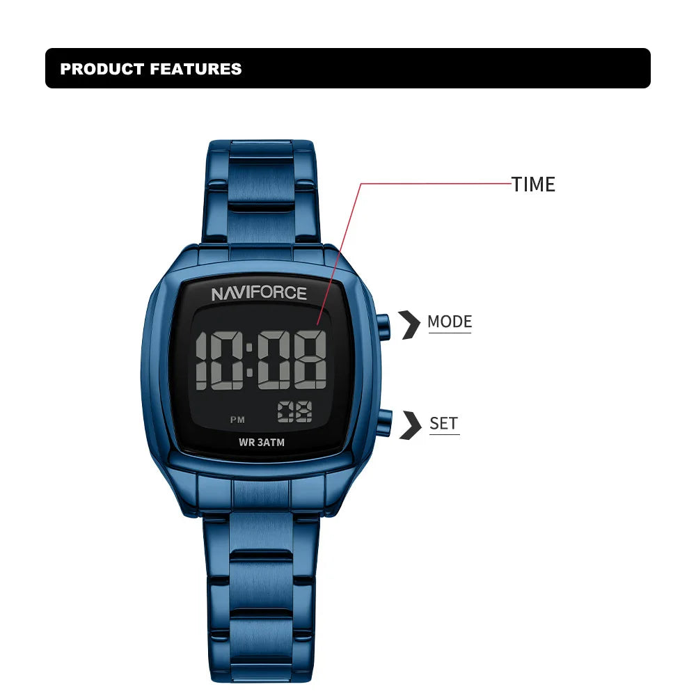 NAVIFORCE 2026 Watches for Women LCD Digital Waterproof Stainless Steel Strap Female Casual Fashion Daily Wear Wristwatch NF5047