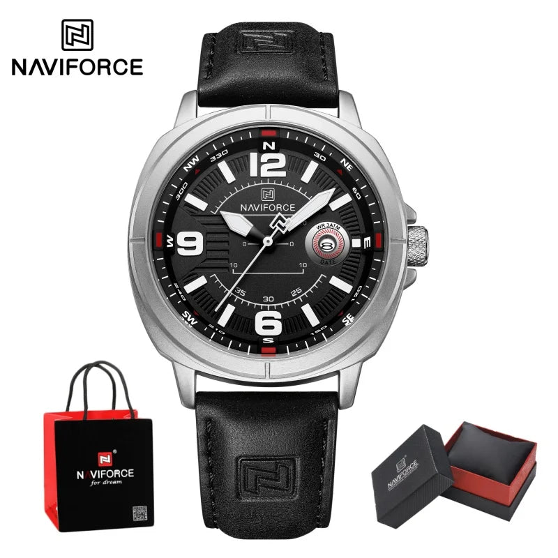 NAVIFORCE New Male Wristwatch Gift Box Quartz Calendar PU Band Calendar High Quarlity 30M Waterproof Business Man's Watch NF8078