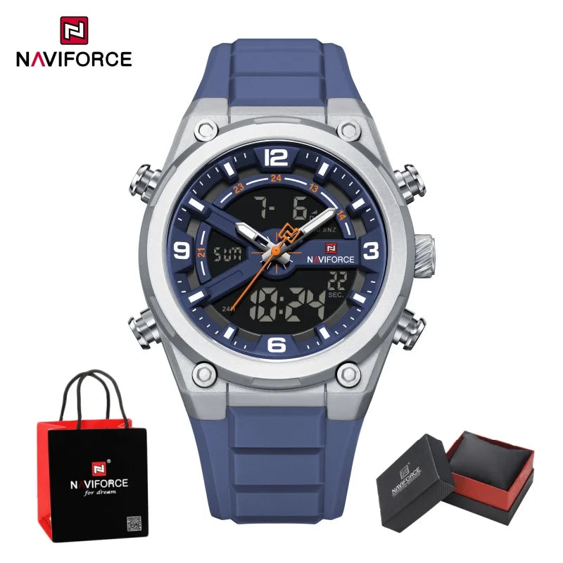 NAVIFORCE Man's Watches Dual Display Week and Date Waterproof Luminous Silicone Strap Male Business Fashion Wristwatch Gift Box