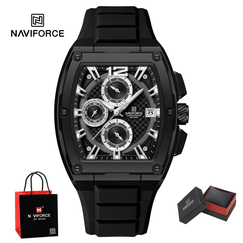 NAVIFORCE Men's Waterproof Luxury Sport Watch Casual Multifunction Chronograph Business Wristwatch with Silicone Band Gift Set