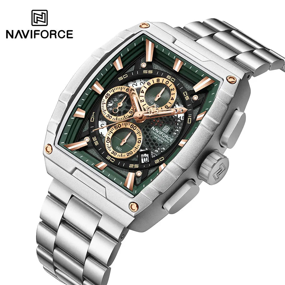 NAVIFORCE Quartz Watch for Men Fashion Waterproof Luminous Chronograph Wristwatch Auto Date Stainless Steel Strap Clock Gift