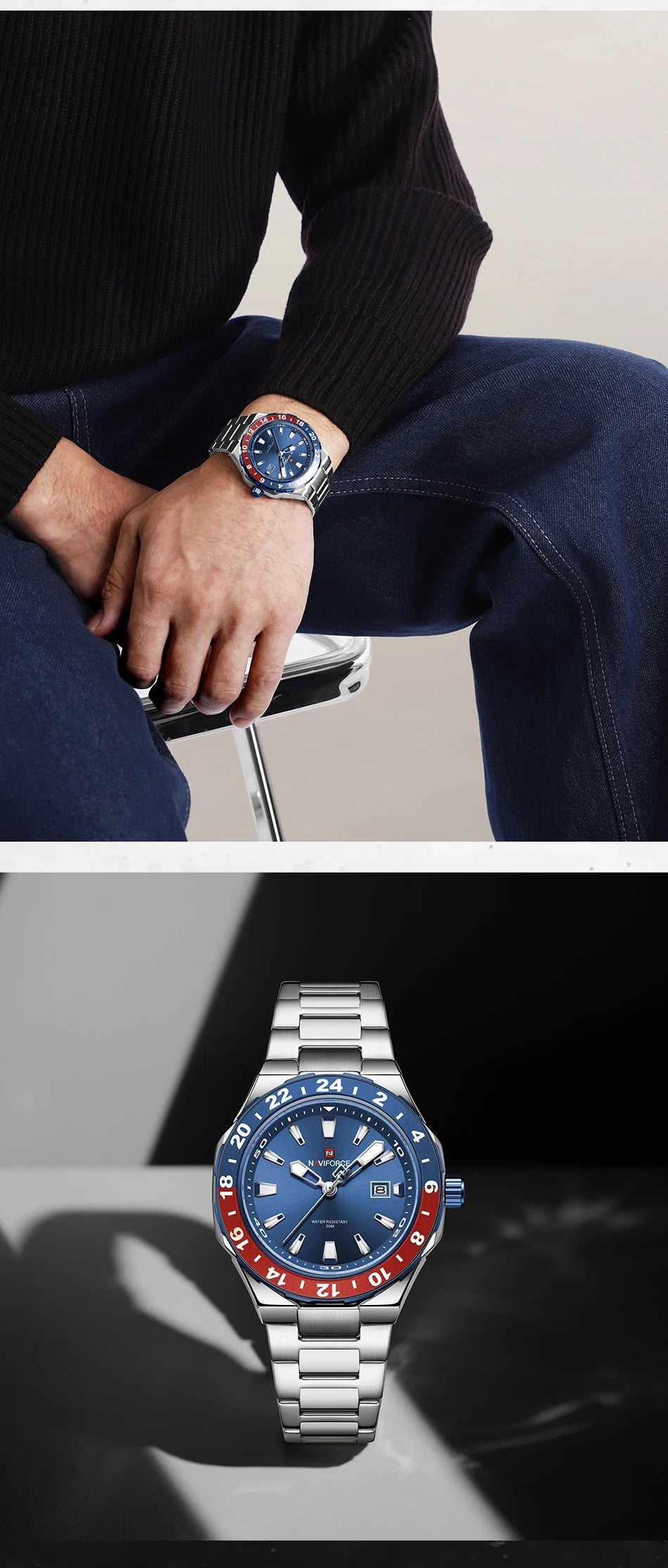 NAVIFOCE Luxury Business Man Watch Sport 3ATM Waterproof Quartz Clock Man Military Stainless Band WristWatch Relogio Masculino