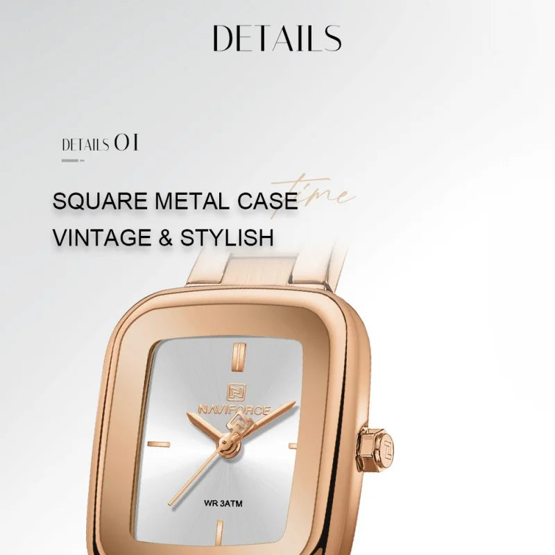 NAVIFORCE Square Watches for Women 3ATM Waterproof Stainless Steel Fashion Ultra Light Girls' Watch Wristwatch Gift Box for Lady