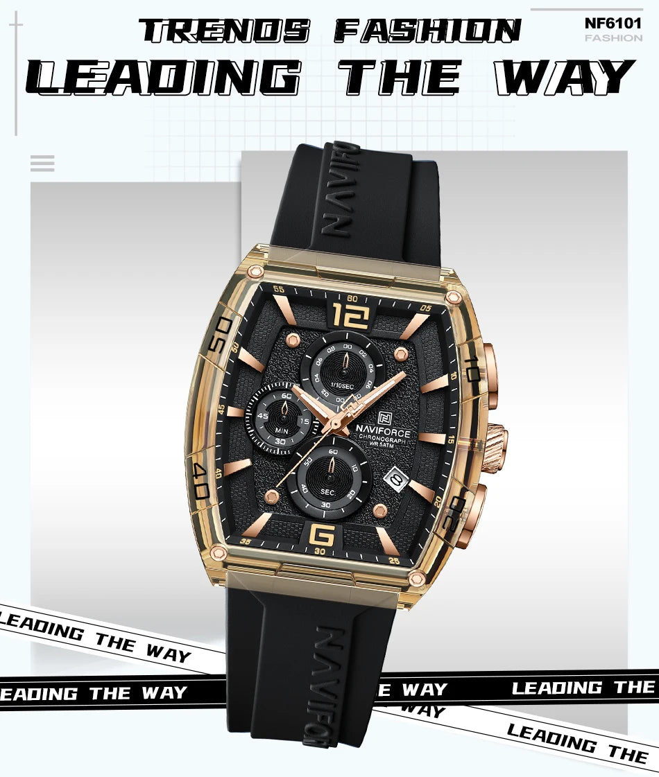 NAVIFORCE Luxury Men's Watch Quartz Chronograph 5ATM Waterproof Luminous Hand Soft Silicone Strap Male Fashion Sports Wristwatch