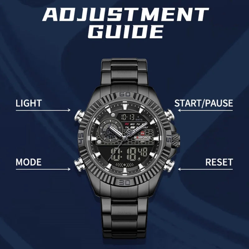 NAVIFORCE Men Watches Quartz Dual Display Waterproof Stainless Steel Male Luxury Fashion Business Outdoor Wristwatch Gifts Box