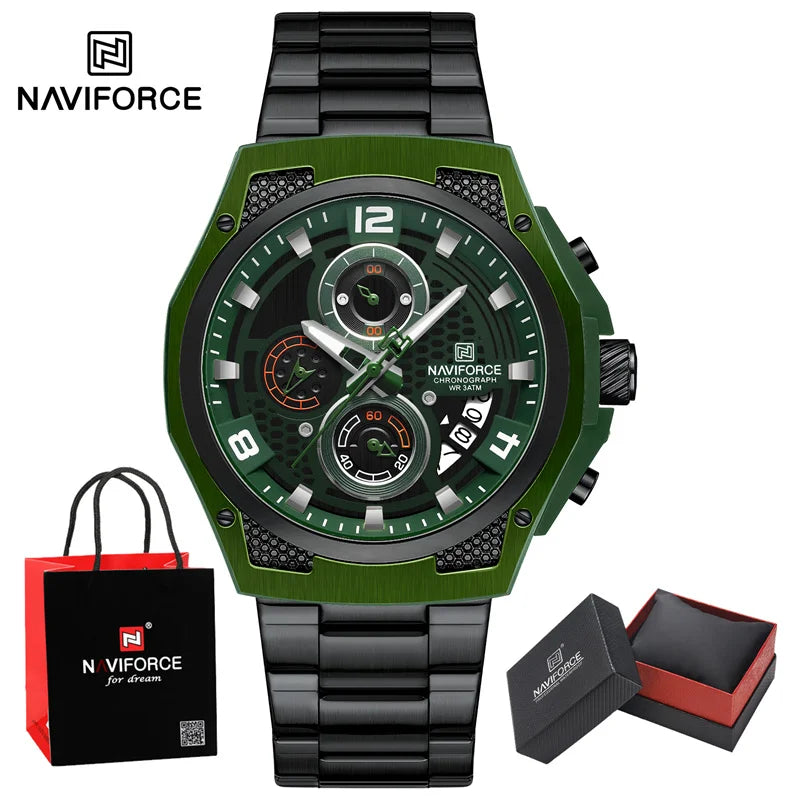 NAVIFORCE Business Watches for Men Fashion Stainless Steel Quartz Chronograph Waterproof WristWatch Male In Luxury Package Gifts