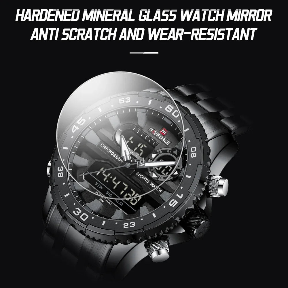 NAVIFORCE Men's Watch Quartz Analog LCD Digital Wristwatch Male Stainless Steel Strap Water Resistant Date Clock Package Gifts