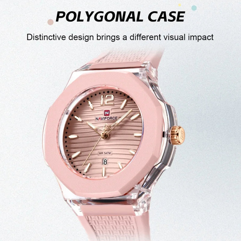 NAVIFORCE Woman's Watch Quartz Waterproof Silicone Band Date Display Wristwatch Luxury Trendy Ladies Dress Wristwatch Gifts Box