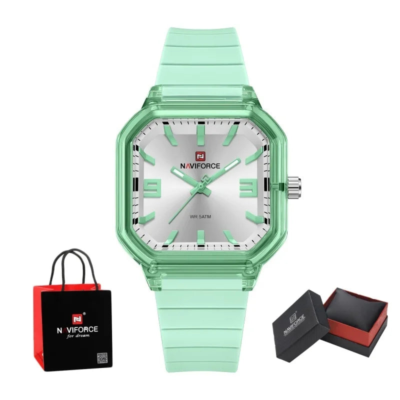 NAVIFORCE Women Polygon Watch Display Silicone Strap 50M Waterproof Luminous Fashionable Elegant Ladis Girls Wristwatch Gift Box