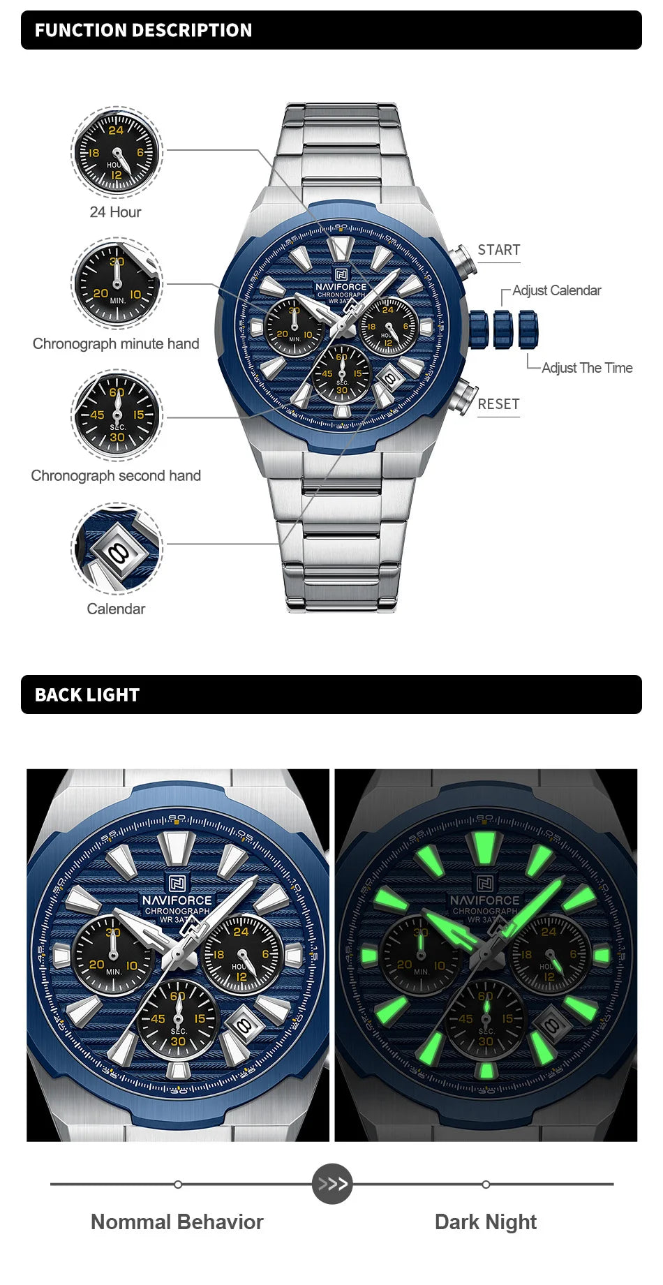 NAVIFORCE Watch For Men Mutifunction Chronograph Quartz Wristwatches Calendar display Military 24 Hours Luminous New Men Clock
