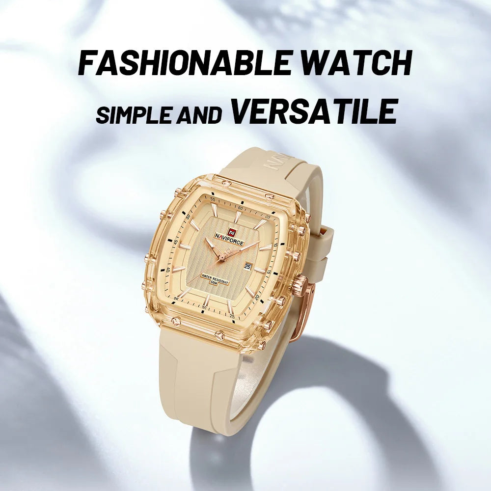 NAVIFORCE Woman's Watch Quartz Calendar 5ATM Waterproof Silica Strap Elegant Ladies Luxury Stylish Simple Wristwatch Gift Box