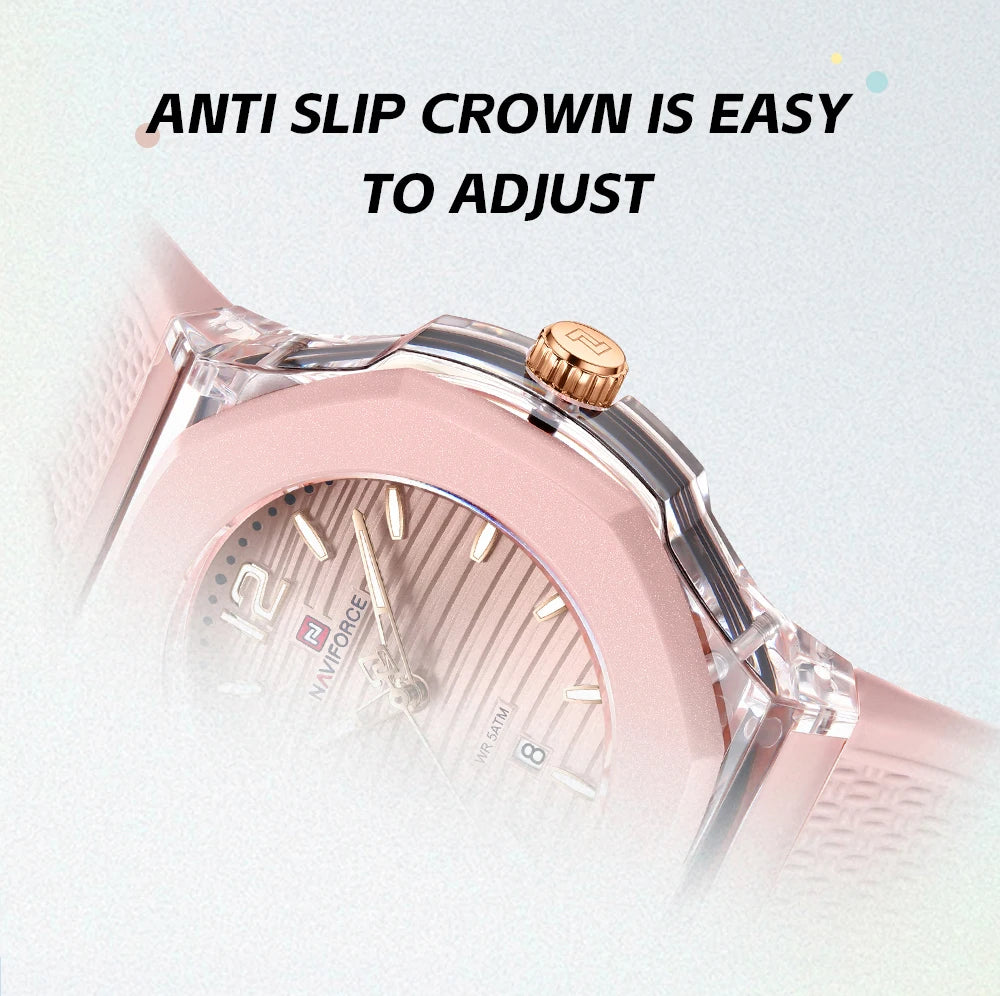 NAVIFORCE Woman's Watch Quartz Waterproof Silicone Band Date Display Wristwatch Luxury Trendy Ladies Dress Wristwatch Gifts Box