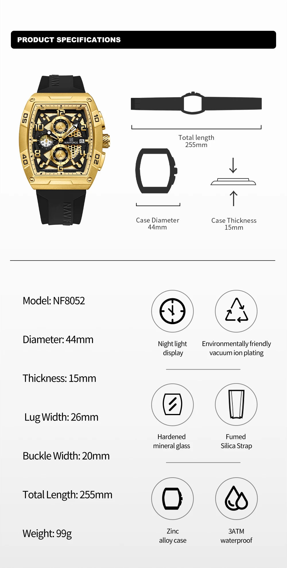 NAVIFORCE Fashion Men’s  Large Dia Multi-function PU Waterproof Clock Gold Design Quartz Watches Casual Male Wrist Watch Gifts