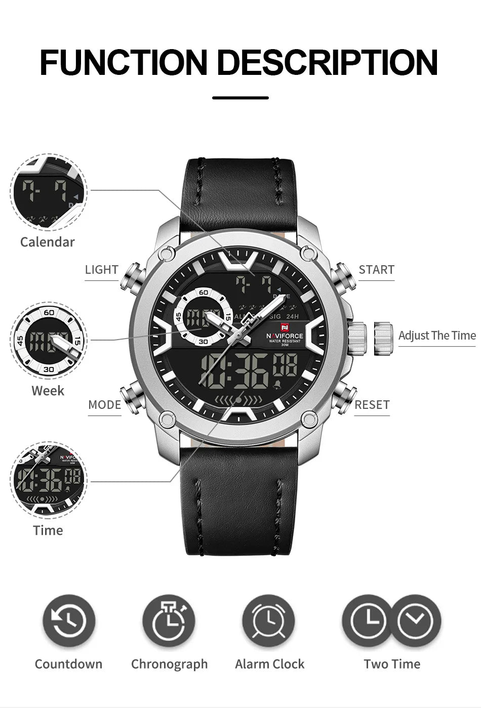 NAVIFORCE Man's Watch Quartz Dual Display Waterproof Leather Strap Alarm Male Simple Fashion Business Casual Wristwatch Gift Box