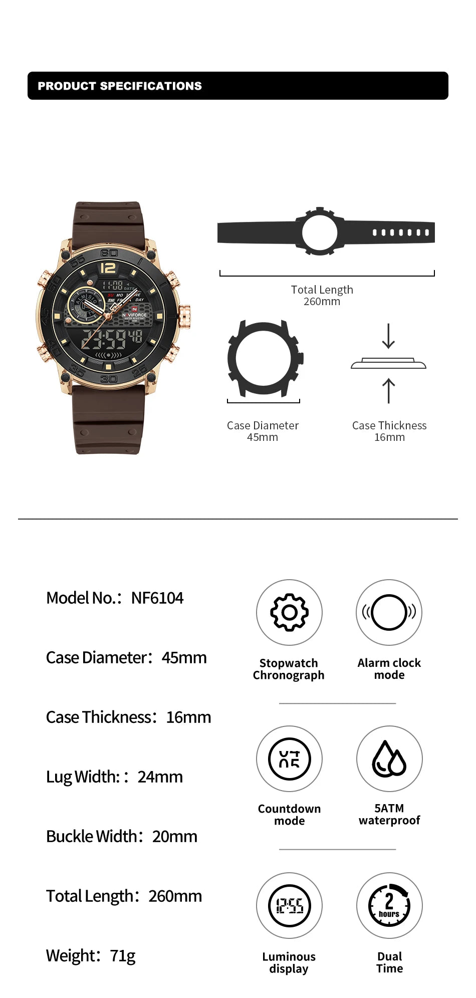 Men Watch NAVIFORCE Fashion Casual Quartz Luminous Watches  Waterproof  Wristwatch Silicone Band Day and Date Display Clock 6104