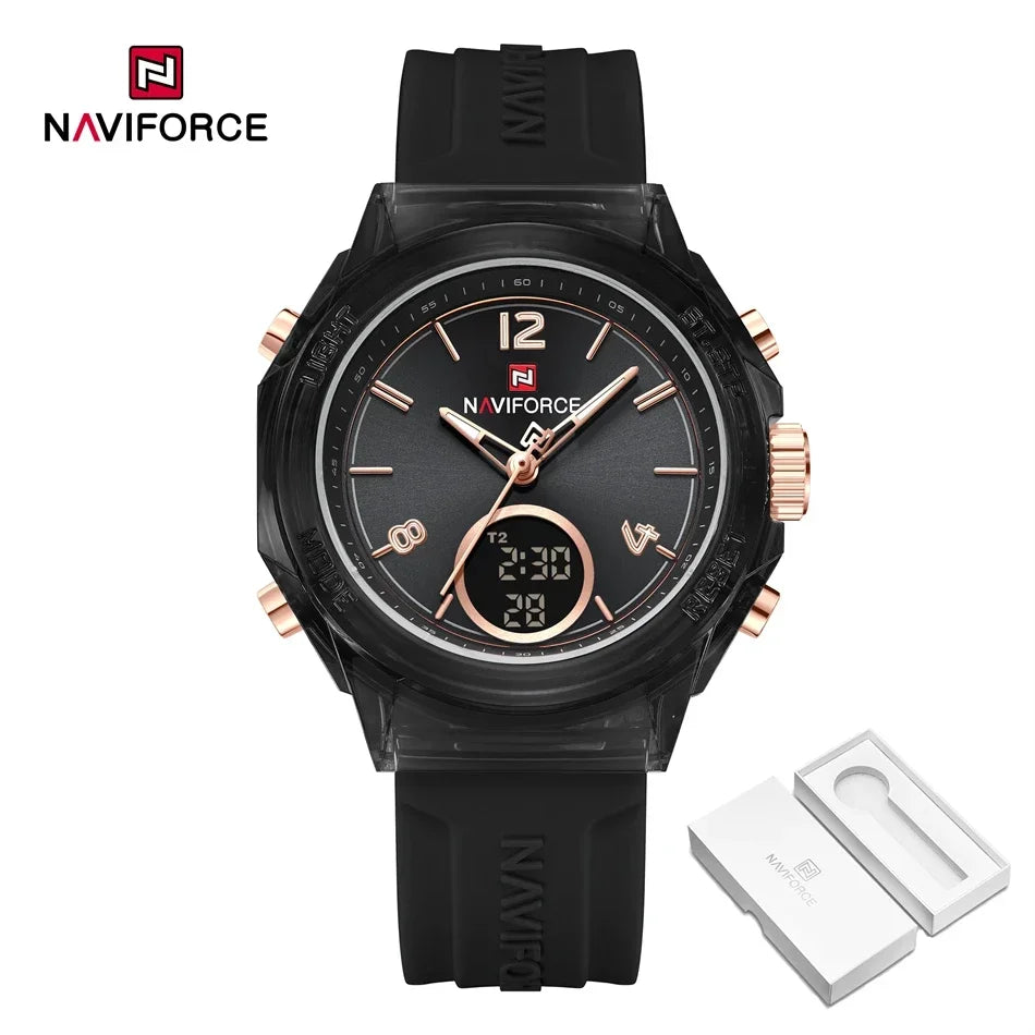 NAVIFORCE Sport Watches Women 50M Waterproof Lady Watch Lover Gifts Dual Time Display Wristwatch Digital LED Back Light Clock