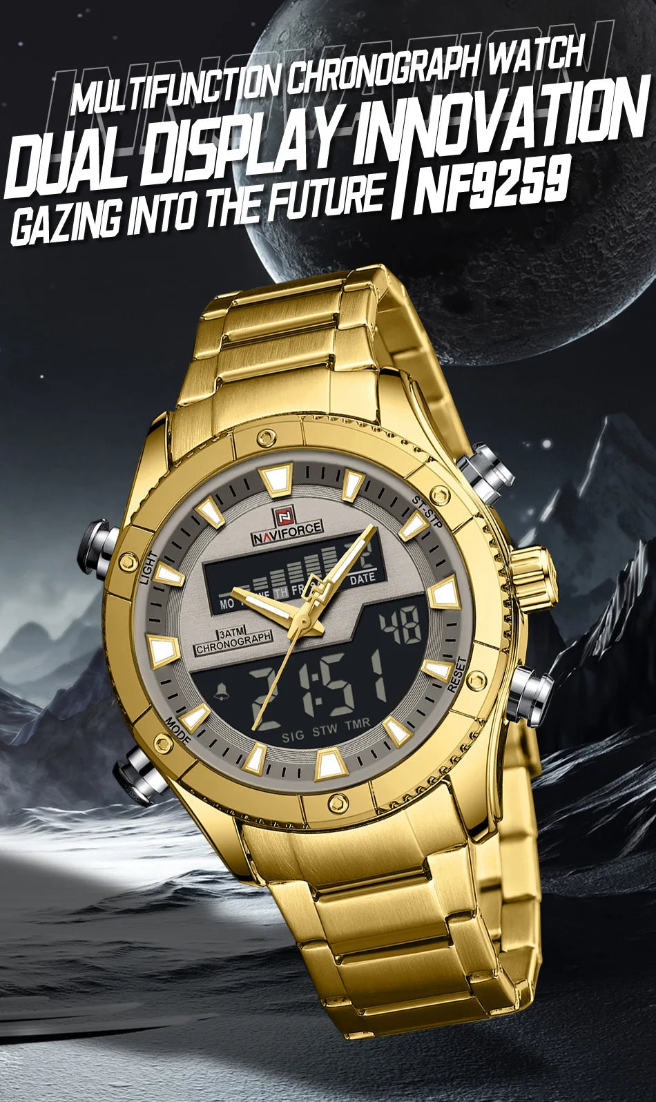 NAVIFORCE Brand Men's Watches Luxury Fashion Stainless Steel Quartz Chronograph Alarm Wristwatch for Male Water Resistant Sport