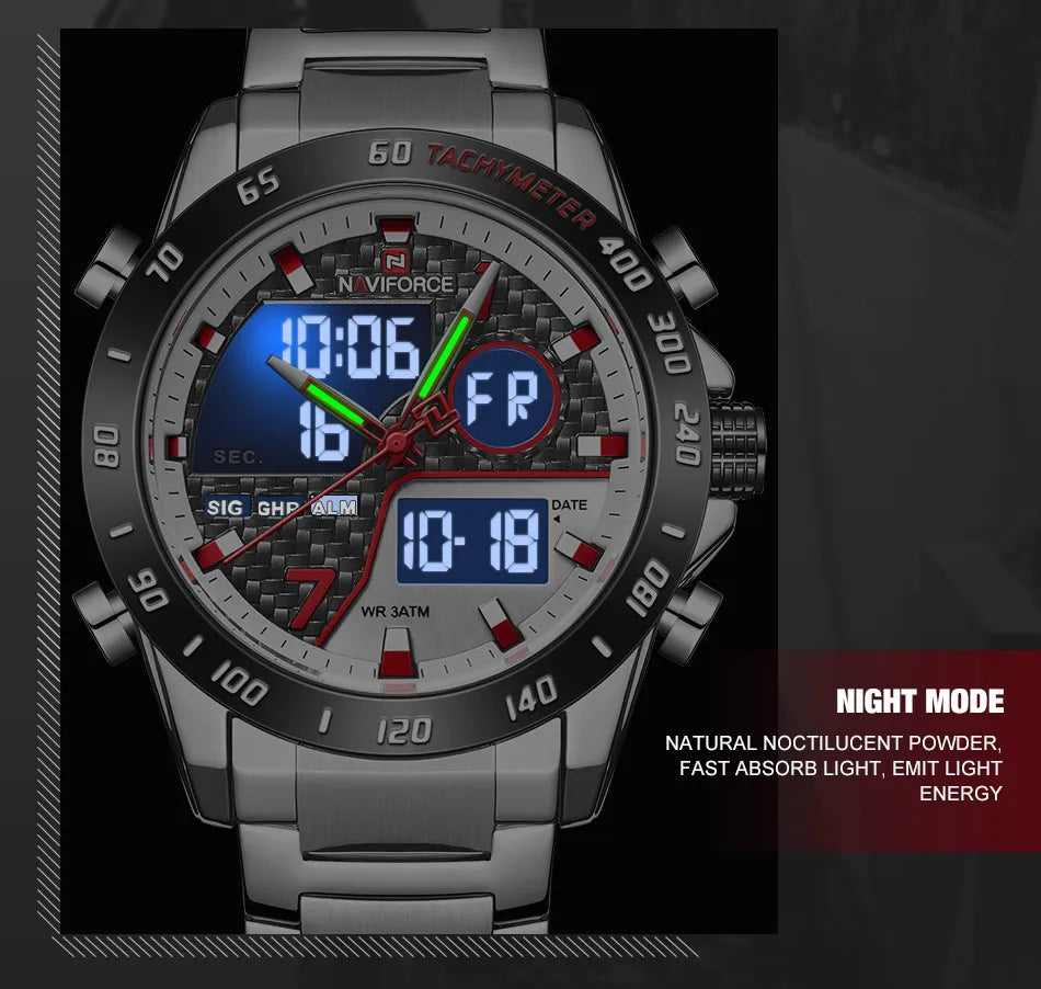 NAVIFORCE Man's Quartz Watch Dual Display Luminous Stainless Steel Strap Male Fashion Business Father's Day Wristwatch Gifts Box