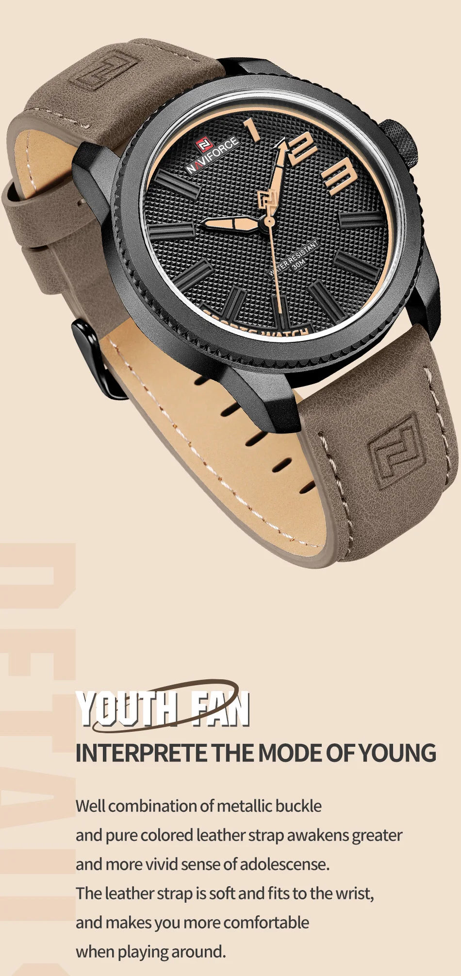 NAVIFORCE Man's Simple Fashion Quartz Watch Waterproof Soft PU Strap Mature Male Outdoor Daily Wear Sports Wristwatch Gifts Box