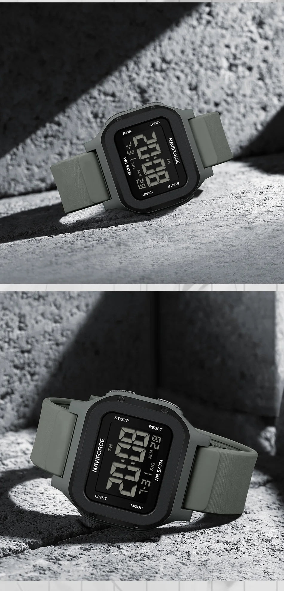 High Quality NAVIFORCE Men's Sport Wristwatch LCD Display 50m Waterproof Alarm Stopwatch BackLight Unique Square Case Gift Clock