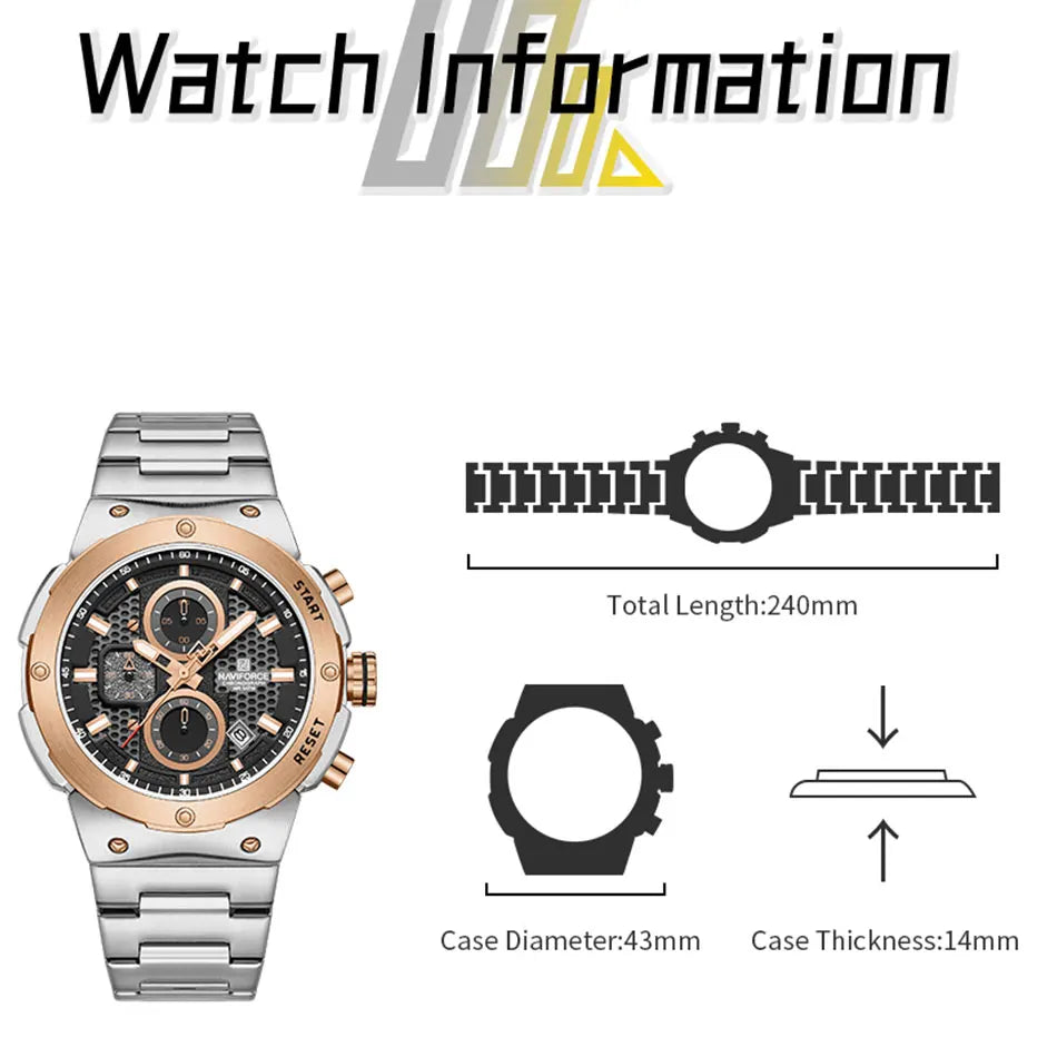 NAVIFORCE 2025 Man Quartz Watch Sport Military Watch For Men Waterproof Luminous Date Chronograph Stainless Steel Men's Watches