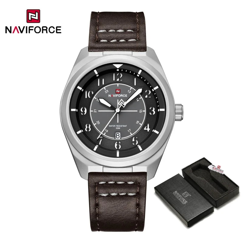 NAVIFORCE Simple Men Quartz Calendar Watch 3ATM Waterproof Genuine Leather Strap Business Casual Fashion Mature Style Wristwatch