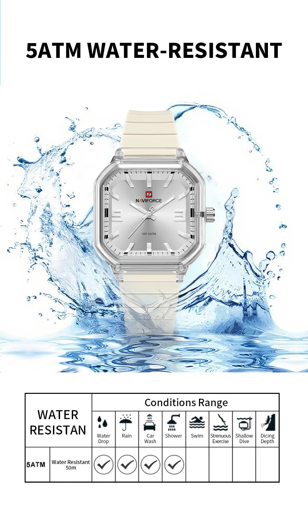 NAVIFORCE Women Polygon Watch Fashion Elegant Watches Display Silicone Strap 5ATM Waterproof Luminous Hand Ladies Gifts Watches