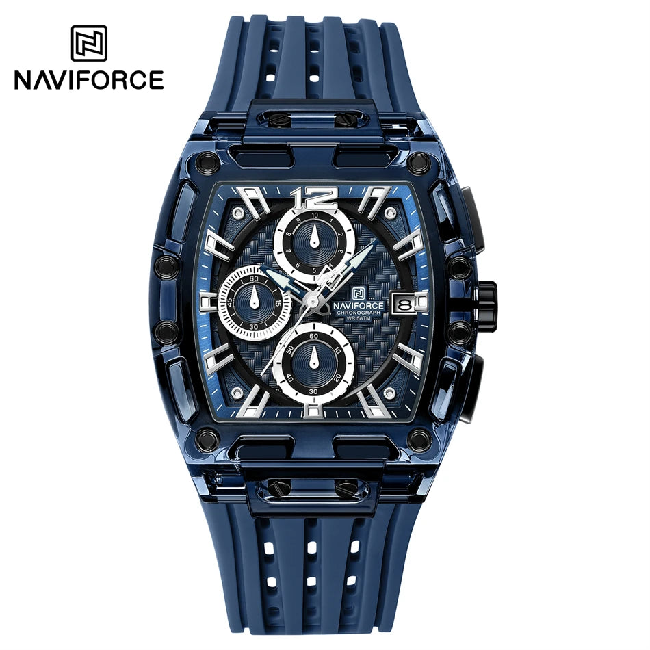 NAVIFORCE Men's Quartz Watch Multifunctional Colorful Chronograph Top Brand Silicone Strap 5ATM Waterproof Tonneau Wristwatches