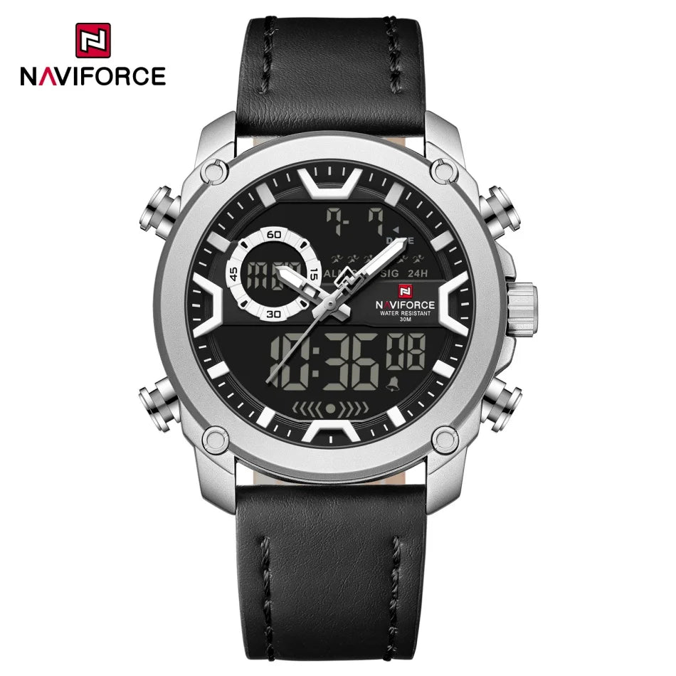 NAVIFORCE Men Watch Business Casual Fashion Dual Display Sport Genuine Strap Alarm Mode Quartz Wristwatch Man Waterproof Watch