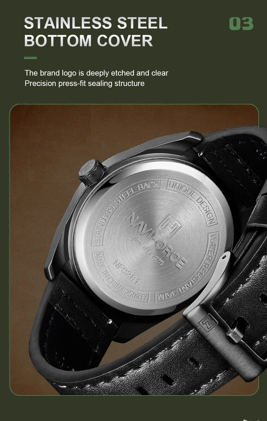 NAVIFORCE Simple Men Quartz Calendar Watch 3ATM Waterproof Genuine Leather Strap Business Casual Fashion Mature Style Wristwatch