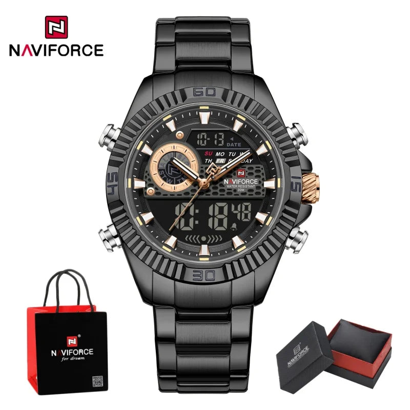 NAVIFORCE Men Watches Quartz Dual Display Waterproof Stainless Steel Male Luxury Fashion Business Outdoor Wristwatch Gifts Box