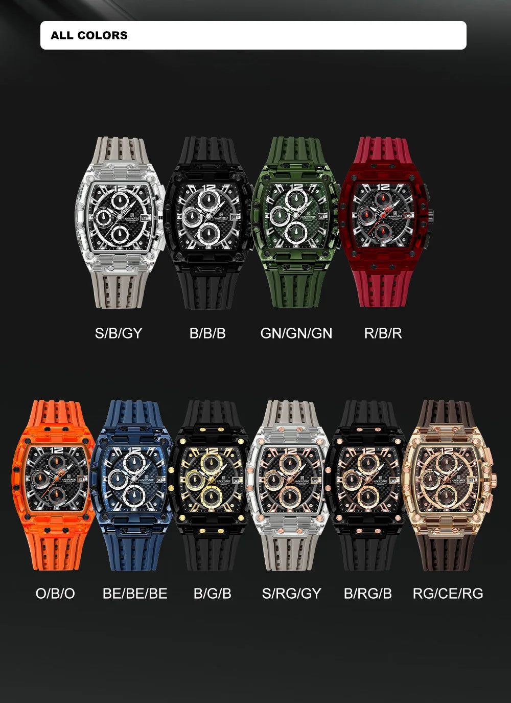 NAVIFORCE Men's Quartz Watch Multifunctional Colorful Chronograph Top Brand Silicone Strap 5ATM Waterproof Tonneau Wristwatches