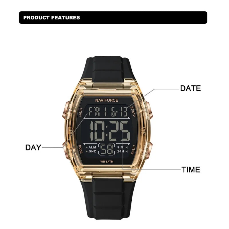 NAVIFORCE Men's Stylish Daily Wear Watch LCD Digital 5ATM Waterproof Date Week Display Male Sports Outdoor Wristwatch Gifts Box