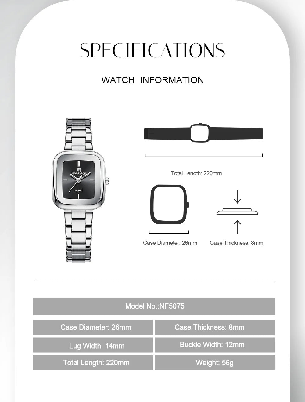 NAVIFORCE Unique Square Watches for Women 30M Waterproof Women's Stainless Steel Watches Sports Fashion Ultra Light Girls' Watch