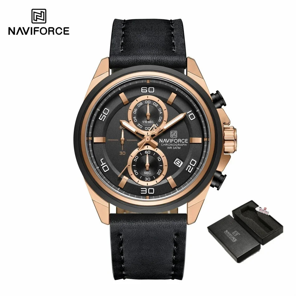 Original NAVIFORCE Business Luxury Leather Strap Men Watches Sports Chronograph Watch for Man 3ATM Waterproof Quartz Wristwatch