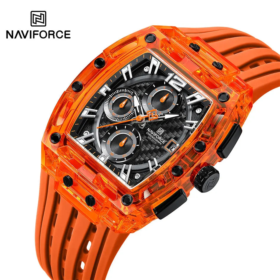 NAVIFORCE Men's Quartz Watch Multifunctional Colorful Chronograph Top Brand Silicone Strap 5ATM Waterproof Tonneau Wristwatches
