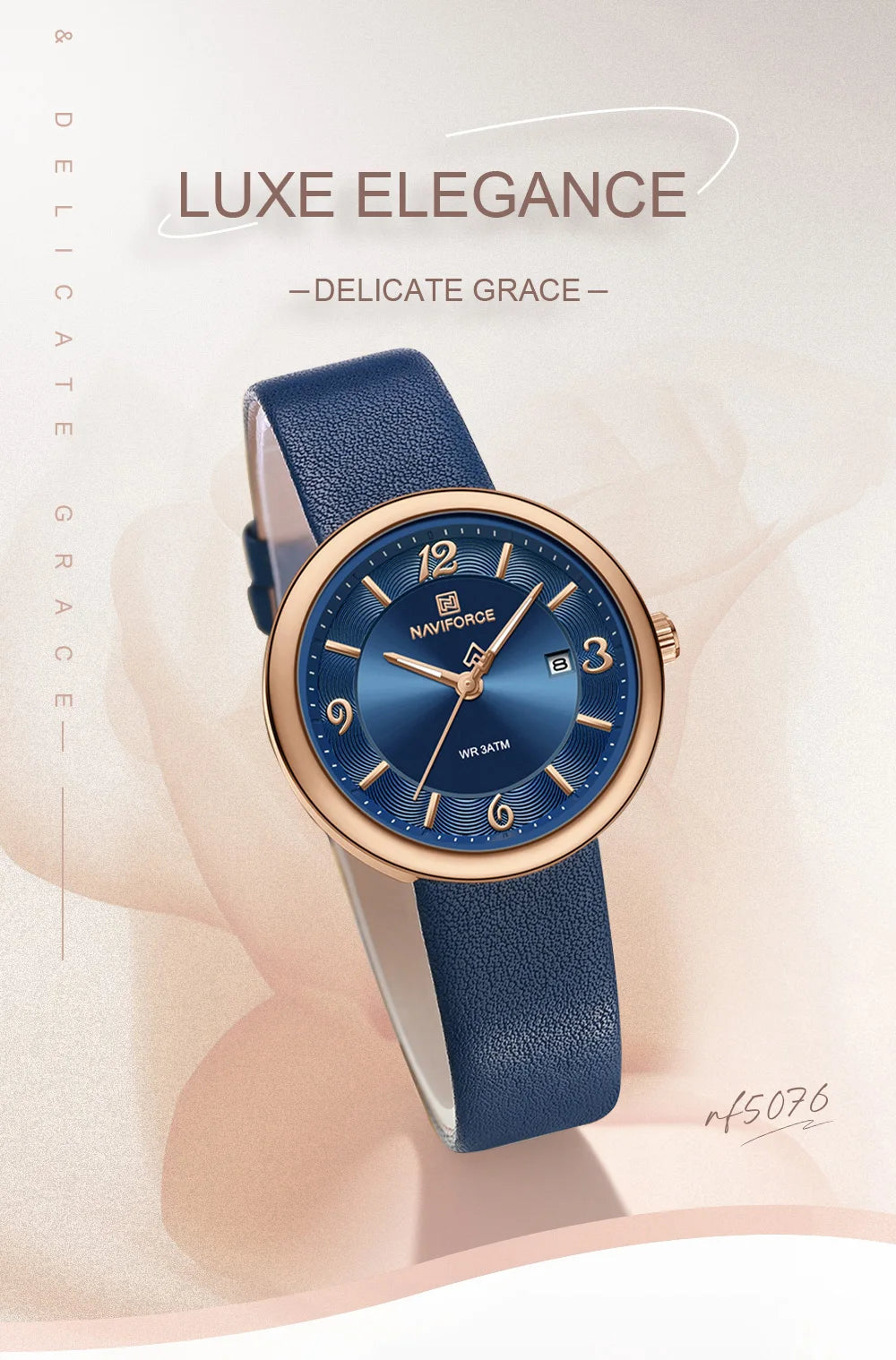 NAVIFORCE New Women Daily Quartz Watch Lightweight Floral Dial 3ATM Waterproof PU Strap Elegant Lady Wristwatch Relogio Feminino